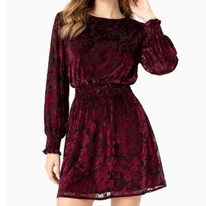 Gibson Tara Dress Wine Black Velvet Burnout Smocked Waist Mini NWT S